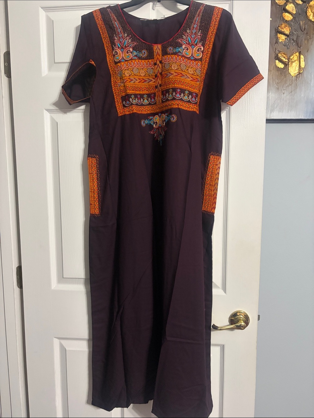 Embroidered Purple Maxi night Dress with Orange Accents